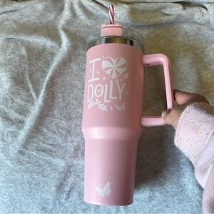 Dolly Parton Pink 40 Oz Christmas tumbler With Peppermint Straw DG New Holly